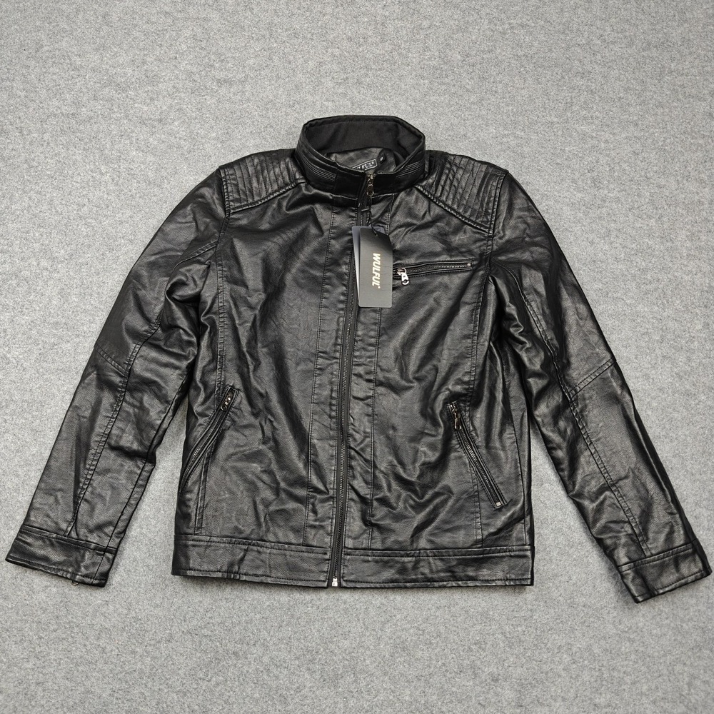 WULFUL Jacket Mens Small Black Faux Leather Biker Moto Full Zip Pockets Quilted